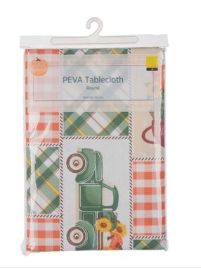 PEVA Round Tablecloth with Green Truck & Orange Plaid 60"